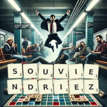 Illustration créative d'un jeu de lettres avec le mot SOUVIENDRIEZ épelé sur le plateau.