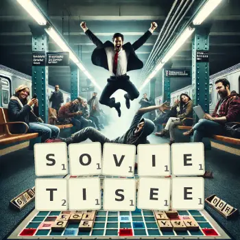 Illustration créative d'un jeu de lettres avec le mot SOVIETISEE épelé sur le plateau.