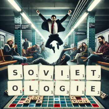 Illustration créative d'un jeu de lettres avec le mot SOVIETOLOGIE épelé sur le plateau.