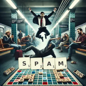Illustration créative d'un jeu de lettres avec le mot SPAM épelé sur le plateau.