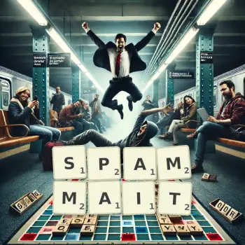 Illustration créative d'un jeu de lettres avec le mot SPAMMAIT épelé sur le plateau.