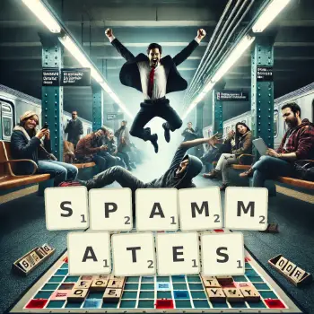 Illustration créative d'un jeu de lettres avec le mot SPAMMATES épelé sur le plateau.