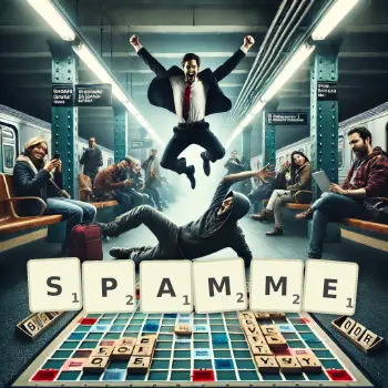 Illustration créative d'un jeu de lettres avec le mot SPAMME épelé sur le plateau.