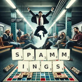 Illustration créative d'un jeu de lettres avec le mot SPAMMINGS épelé sur le plateau.