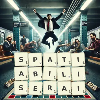 Illustration créative d'un jeu de lettres avec le mot SPATIABILISERAI épelé sur le plateau.