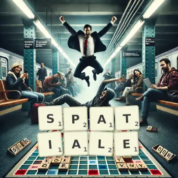 Illustration créative d'un jeu de lettres avec le mot SPATIALE épelé sur le plateau.