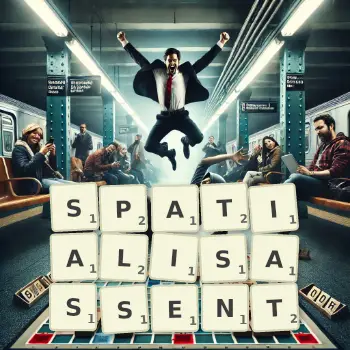 Illustration créative d'un jeu de lettres avec le mot SPATIALISASSENT épelé sur le plateau.