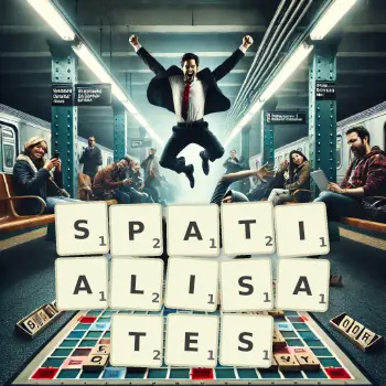 Illustration créative d'un jeu de lettres avec le mot SPATIALISATES épelé sur le plateau.