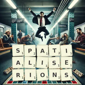 Illustration créative d'un jeu de lettres avec le mot SPATIALISERIONS épelé sur le plateau.
