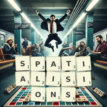 Illustration créative d'un jeu de lettres avec le mot SPATIALISIONS épelé sur le plateau.