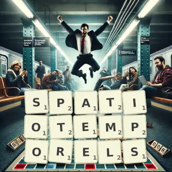 Illustration créative d'un jeu de lettres avec le mot SPATIOTEMPORELS épelé sur le plateau.