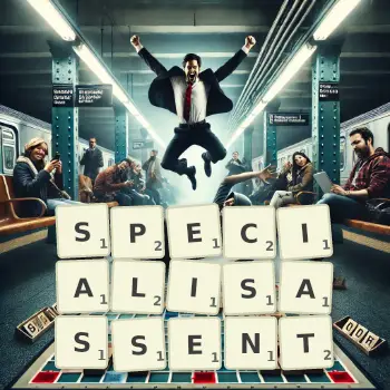Illustration créative d'un jeu de lettres avec le mot SPECIALISASSENT épelé sur le plateau.