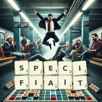 Illustration créative d'un jeu de lettres avec le mot SPECIFIAIT épelé sur le plateau.