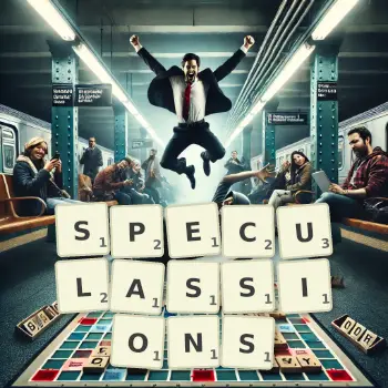 Illustration créative d'un jeu de lettres avec le mot SPECULASSIONS épelé sur le plateau.