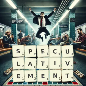 Illustration créative d'un jeu de lettres avec le mot SPECULATIVEMENT épelé sur le plateau.