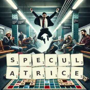 Illustration créative d'un jeu de lettres avec le mot SPECULATRICE épelé sur le plateau.