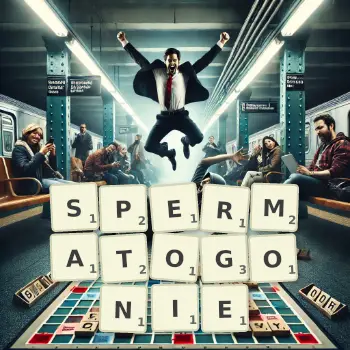 Illustration créative d'un jeu de lettres avec le mot SPERMATOGONIE épelé sur le plateau.