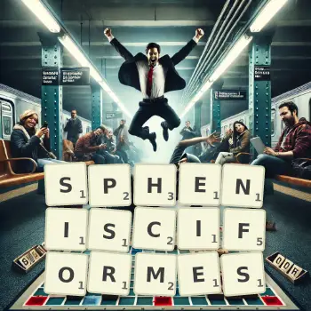 Illustration créative d'un jeu de lettres avec le mot SPHENISCIFORMES épelé sur le plateau.