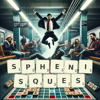 Illustration créative d'un jeu de lettres avec le mot SPHENISQUES épelé sur le plateau.