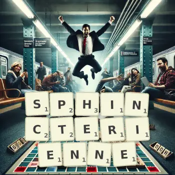 Illustration créative d'un jeu de lettres avec le mot SPHINCTERIENNE épelé sur le plateau.