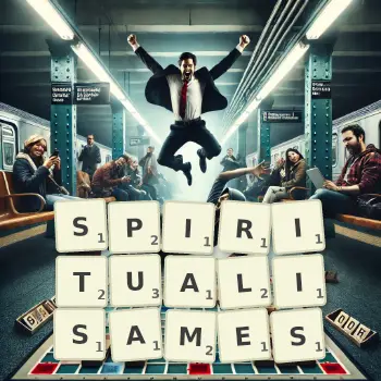Illustration créative d'un jeu de lettres avec le mot SPIRITUALISAMES épelé sur le plateau.
