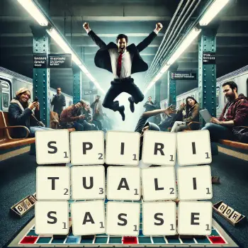 Illustration créative d'un jeu de lettres avec le mot SPIRITUALISASSE épelé sur le plateau.