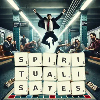 Illustration créative d'un jeu de lettres avec le mot SPIRITUALISATES épelé sur le plateau.