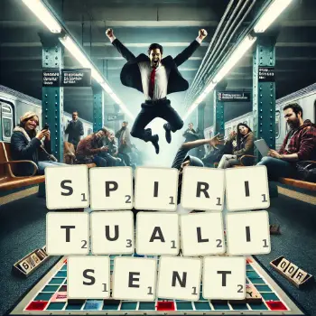 Illustration créative d'un jeu de lettres avec le mot SPIRITUALISENT épelé sur le plateau.