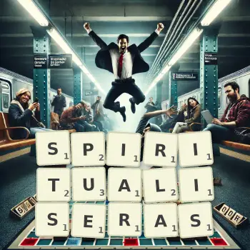 Illustration créative d'un jeu de lettres avec le mot SPIRITUALISERAS épelé sur le plateau.