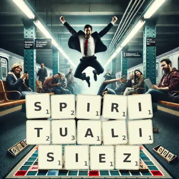Illustration créative d'un jeu de lettres avec le mot SPIRITUALISIEZ épelé sur le plateau.