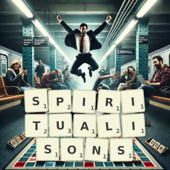 Illustration créative d'un jeu de lettres avec le mot SPIRITUALISONS épelé sur le plateau.