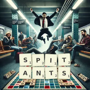 Illustration créative d'un jeu de lettres avec le mot SPITANTS épelé sur le plateau.