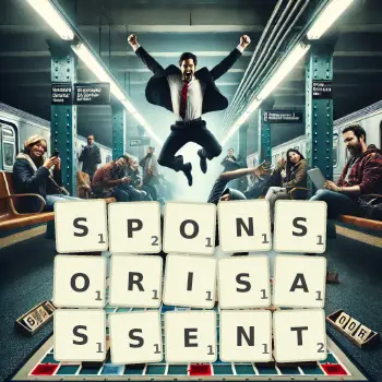 Illustration créative d'un jeu de lettres avec le mot SPONSORISASSENT épelé sur le plateau.
