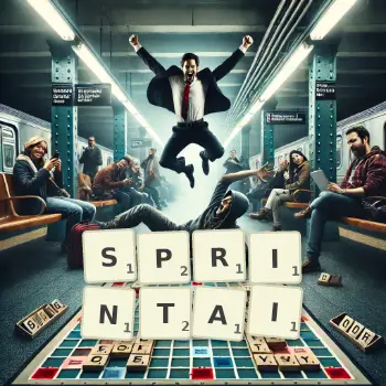 Illustration créative d'un jeu de lettres avec le mot SPRINTAI épelé sur le plateau.