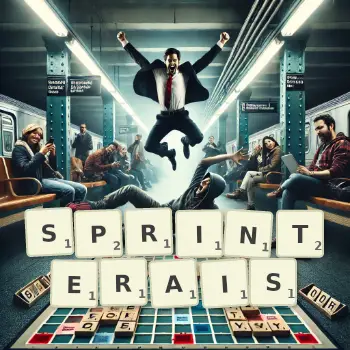 Illustration créative d'un jeu de lettres avec le mot SPRINTERAIS épelé sur le plateau.