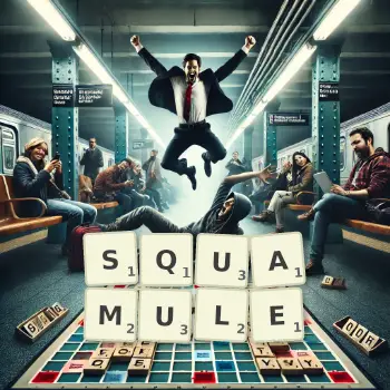 Illustration créative d'un jeu de lettres avec le mot SQUAMULE épelé sur le plateau.