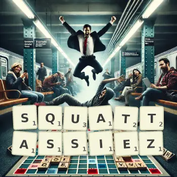 Illustration créative d'un jeu de lettres avec le mot SQUATTASSIEZ épelé sur le plateau.