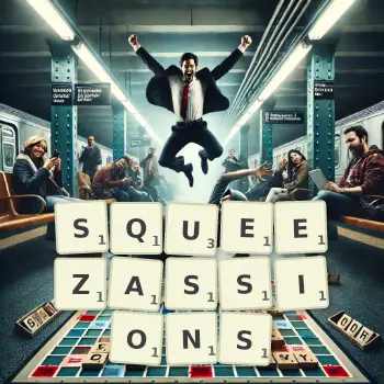 Illustration créative d'un jeu de lettres avec le mot SQUEEZASSIONS épelé sur le plateau.
