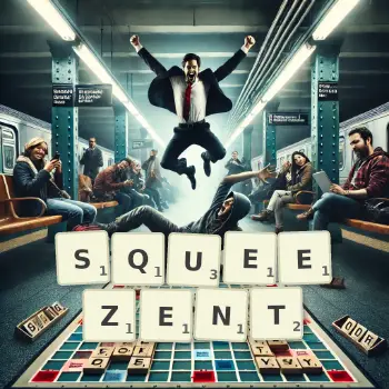 Illustration créative d'un jeu de lettres avec le mot SQUEEZENT épelé sur le plateau.