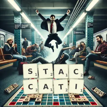 Illustration créative d'un jeu de lettres avec le mot STACCATI épelé sur le plateau.