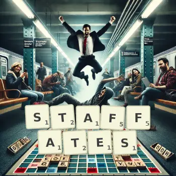 Illustration créative d'un jeu de lettres avec le mot STAFFATES épelé sur le plateau.