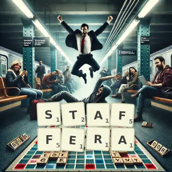 Illustration créative d'un jeu de lettres avec le mot STAFFERA épelé sur le plateau.