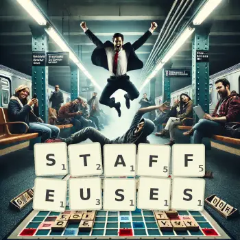 Illustration créative d'un jeu de lettres avec le mot STAFFEUSES épelé sur le plateau.