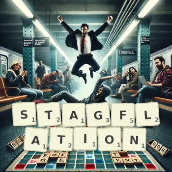 Illustration créative d'un jeu de lettres avec le mot STAGFLATION épelé sur le plateau.