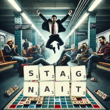 Illustration créative d'un jeu de lettres avec le mot STAGNAIT épelé sur le plateau.