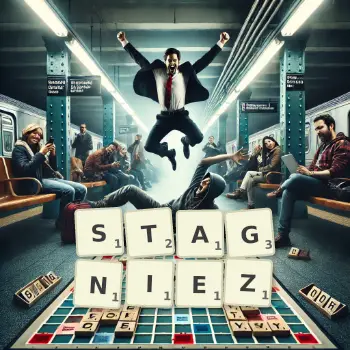 Illustration créative d'un jeu de lettres avec le mot STAGNIEZ épelé sur le plateau.