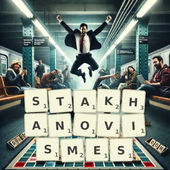 Illustration créative d'un jeu de lettres avec le mot STAKHANOVISMES épelé sur le plateau.