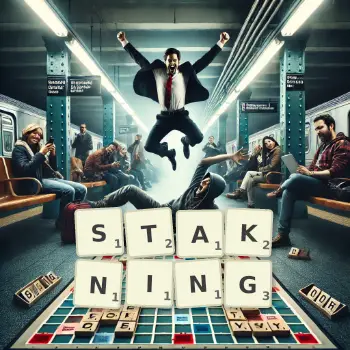 Illustration créative d'un jeu de lettres avec le mot STAKNING épelé sur le plateau.