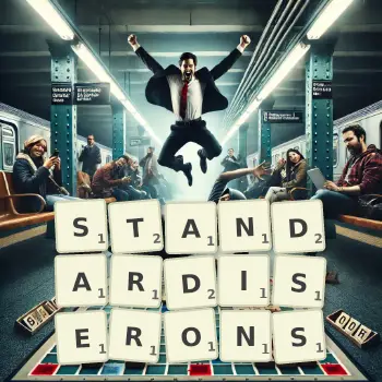 Illustration créative d'un jeu de lettres avec le mot STANDARDISERONS épelé sur le plateau.