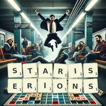 Illustration créative d'un jeu de lettres avec le mot STARISERIONS épelé sur le plateau.